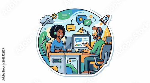 Diverse support team collaborates at desks with computers fostering communication and growth