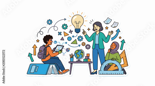 Diverse students learning with a teacher ideas and educational tools