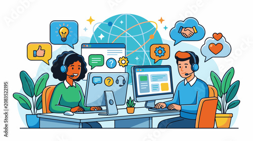 Diverse support team members communicate and assist globally via technology