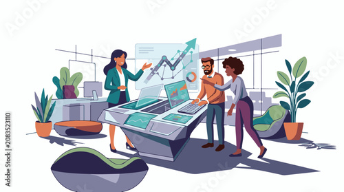 Diverse team analyzes data on interactive screens in modern office