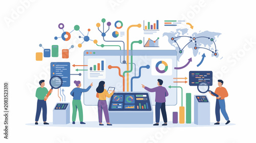 Diverse team analyzes global data on interactive screens and charts