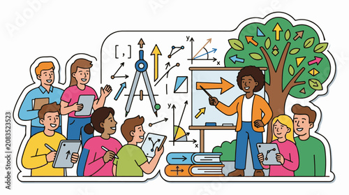 Diverse students learn math with a teacher and digital tools