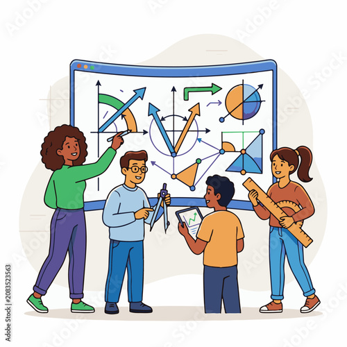 Diverse students learn math with diagrams and tools presented on a screen