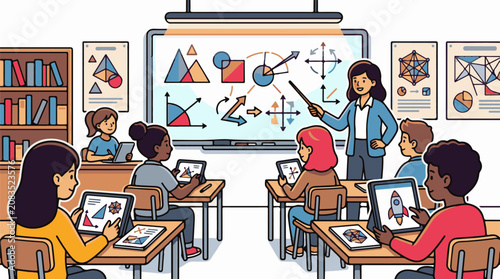 Diverse students learn math with tablets and a teacher at a whiteboard