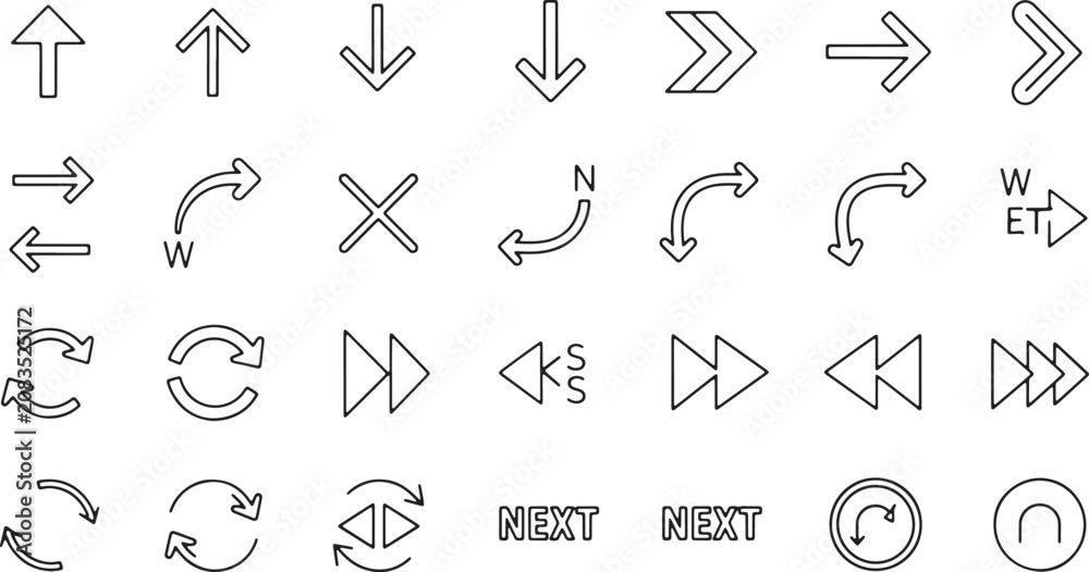 Fototapeta premium Basic arrow icons and directional symbols for navigation, direction, and user interface design.