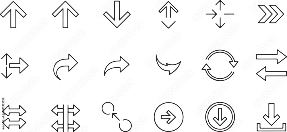 Fototapeta premium Modern arrow icons including directional, circular, and double arrows for web and app interfaces.
