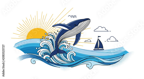 Majestic illustration of a blue whale powerfully jumping out of dynamic ocean waves, set against a radiating sunburst sky, with a sailboat calmly sailing in the distant background.