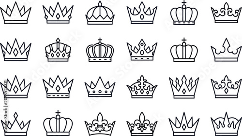 Fotografie Collection of black line art crowns on a white background showcasing various reg