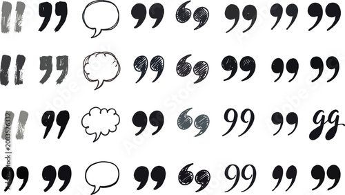 Fotografie Collection of hand drawn quotation marks and speech bubbles black ink on white b