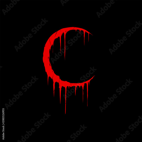 Bloody red crescent moon shape vector illustration with dripping blood effect isolated on black background. Horror, Halloween, and dark fantasy concept art