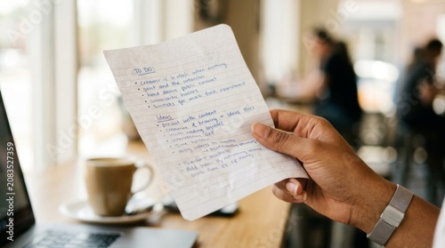 Person reviewing handwritten notes while working on laptop at home.