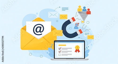Email marketing strategy on laptop with envelope and magnet attracting people