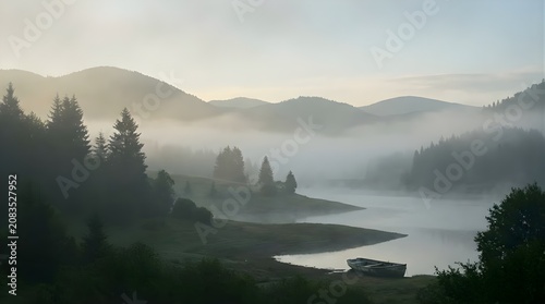 Misty Mountain Lake Sunrise with Evergreen Trees and Calm Water.