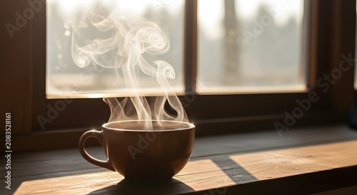 Steaming Cup of Coffee on a Wooden Surface by the Window.