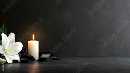 A white lily and lit candle adorned with a black ribbon on a dark surface