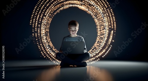 Young boy immersed in digital world surrounded by glowing data circle.