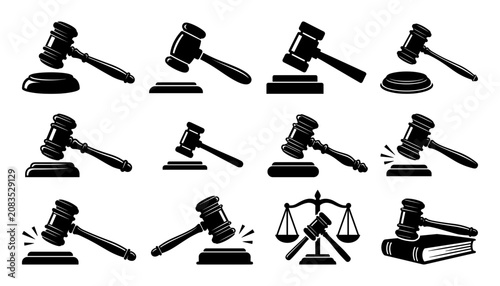 Gavel Icons with Scales of Justice and Books in Various Poses Featuring Law, Court, Legal with Symbol and Icon Elements