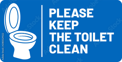 Foto Clean toilet sign with white text and graphic in blue rectangle for hygiene