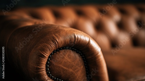 Close-up of a luxurious tufted leather sofa arm with antique nailhead trim