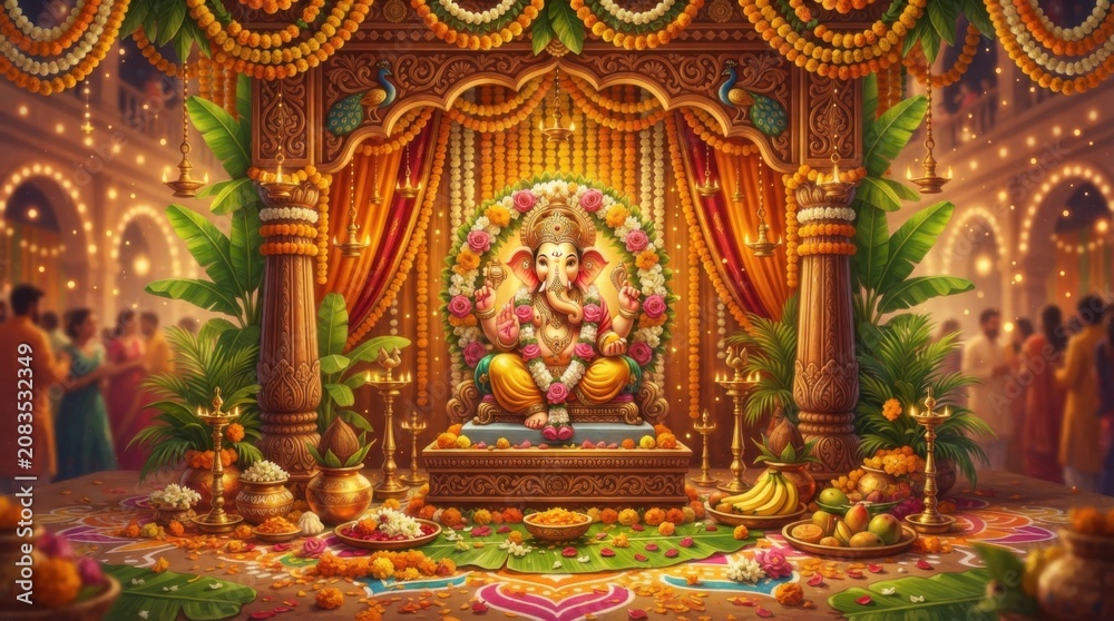 Fototapeta premium Ganesh Chaturthi festival celebration with decorated Ganesha statue and offerings