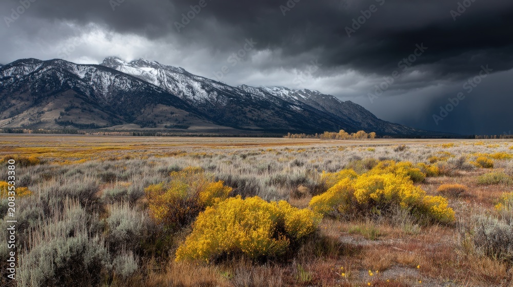 Obraz premium Dramatic Storm Clouds Approaching Grand Teton Mountains