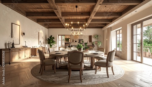 Elegant Dining Room with Rustic Wood Beams and Natural Light.
