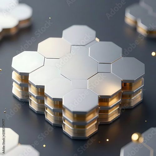  Abstract layered hexagonal plates or battery cell textures made of rare earth alloys, shimmering metallic gradients from silver to pale gold, representing hydrogen storage and clean energy catalysts,