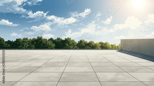 Open concrete plaza with lush green trees under a bright, sunlit sky
