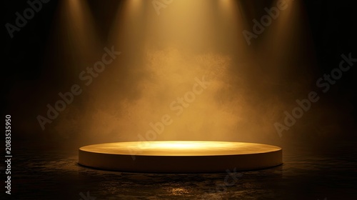 Spotlight illuminates a golden circular platform on a dark, textured stage