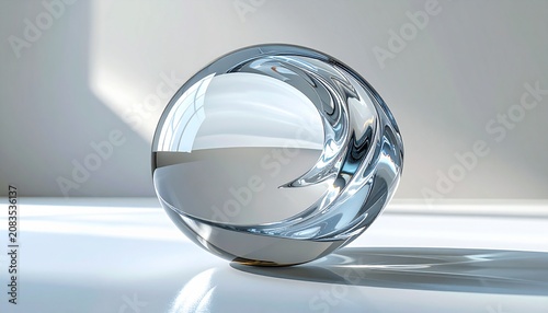 Elegant glass sphere with swirling design and light reflections on surface.