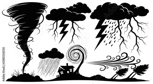 Tableau sur toile Weather icons of tornadoes lightning and rain storms with house damage