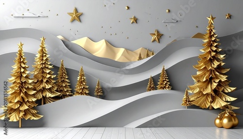 Elegant Golden Christmas Trees and Mountains Wallpaper Design.