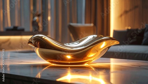 Elegant Golden Bowl on Marble Table - A Luxurious Interior Decor Piece.