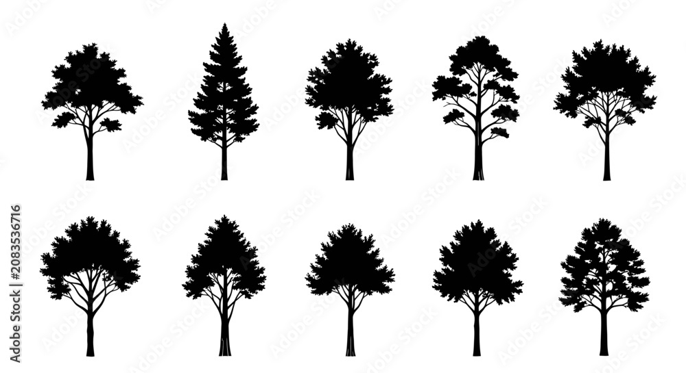 Fototapeta premium Collection of tree silhouettes in various shapes and sizes on white background