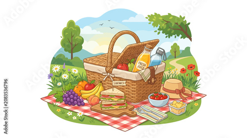 picnic basket with easter eggs and basket