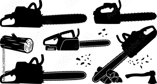 Slika na platnu Lumberjack Chainsaw and Forestry Work Power Tool Silhouette Icon Set Featuring W
