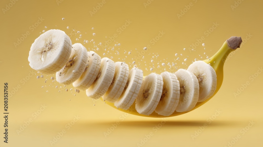 Naklejka premium Sliced Banana Drifting In A Vibrant Yellow Setting Surrounded By Water Splashes