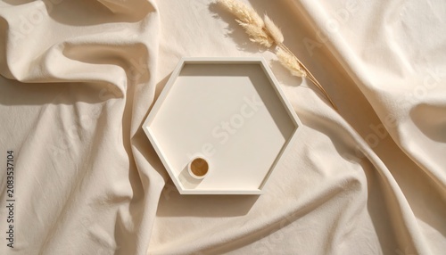 Elegant Hexagon Tray on Cream Fabric with Wheat Stalk.