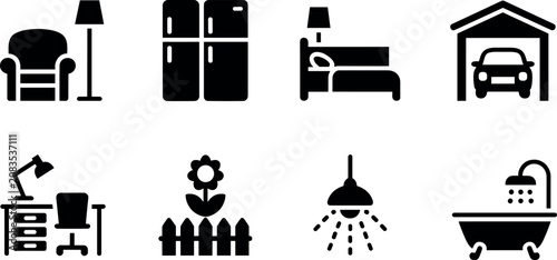 Home furniture and interior real estate glyph icon set featuring living room kitchen bedroom garage office garden and bathroom