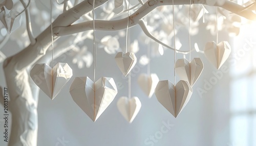 Elegant Heart Ornaments Hanging from a White Decorative Tree.