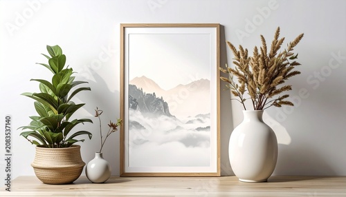 Elegant Home Decor Featuring a Framed Landscape Print and Plants.