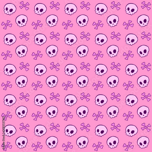 Seamless pattern with hand-drawn, cute and creepy skulls and bones on pink background for Halloween-themed textiles, gift wrapping paper, packaging, kids clothes fabric prints, linens and accessories.