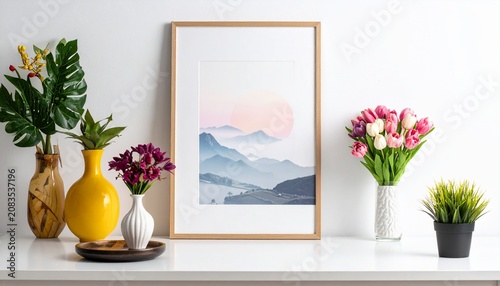 Elegant home decor featuring framed landscape art and floral arrangements.