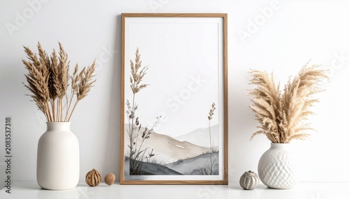 Elegant Home Decor with Pampas Grass and Framed Landscape Art.