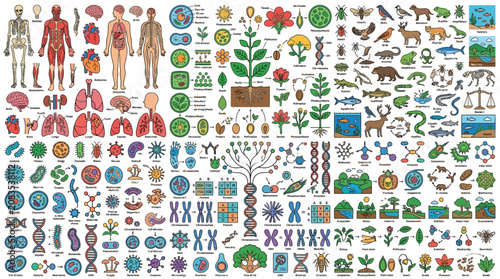 Fotografía Biology Science Infographic: Anatomy, Cells, DNA, Plants, Animals, Ecosystems