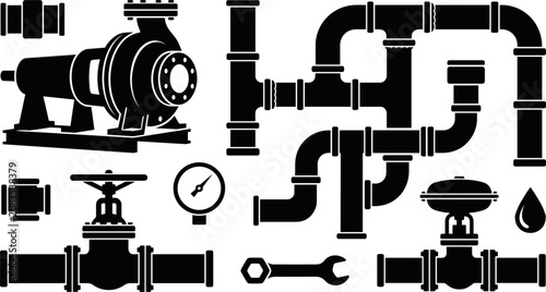Fotografie Industrial Water Pump Station and Pipeline Silhouette Icon Set Featuring Centrif