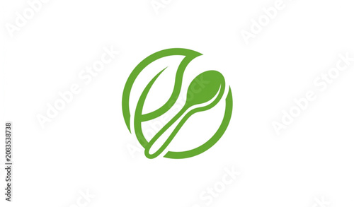 Healthy Food Logo with Spoon and Leaf Vector Design for Organic Nutrition Branding