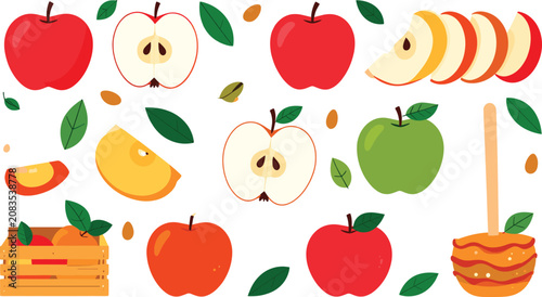Foto Fresh Red and Green Apple Fruit Vector Illustration Set with Wooden Crate Slices