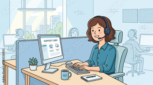 Professional Woman Working in a Customer Support Center with Headset and Computer in a Modern Office Illustration