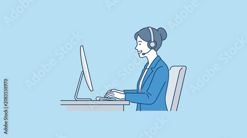 Professional Customer Service Representative Working on Computer with Headset